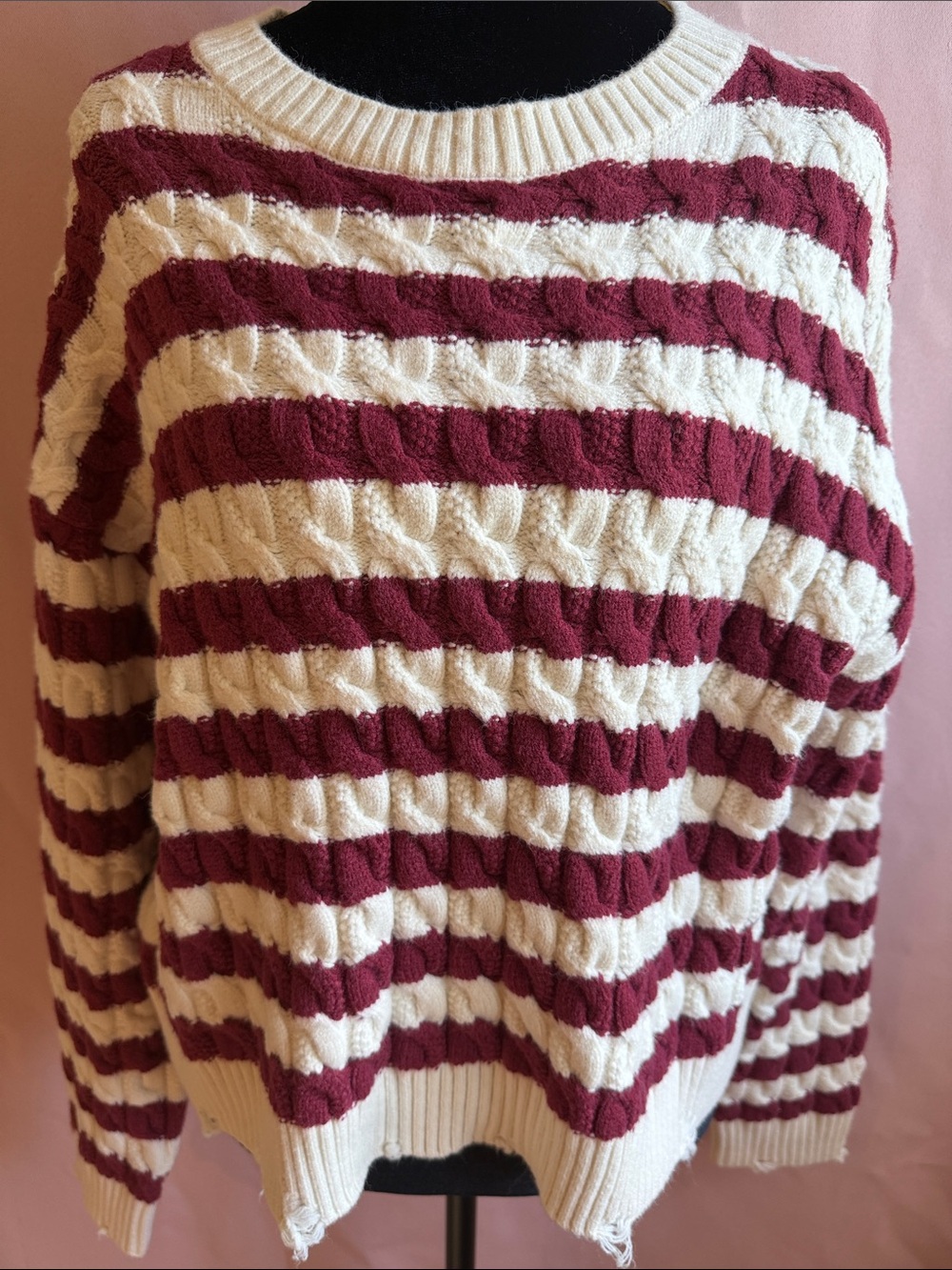 Lina Striped Cable-Knit Sweater in Cream and Burgundy